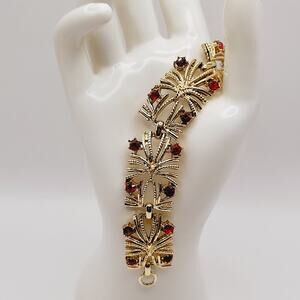 Vintage Coro Gold Tone Link Bracelet Red Purple Rhinestones 7 Inch Holiday